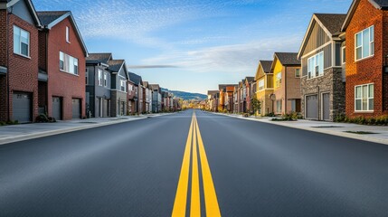 Obraz premium Straight perspective of a clean street lined with modern architecture, focusing on the vanishing point and offering ample space for designs