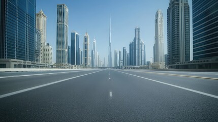 Fototapeta premium Wide-angle view of an empty urban street surrounded by skyscrapers, with ample negative space in the clear blue sky for creative design use