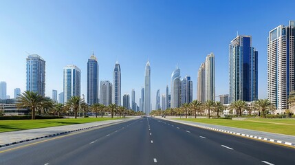 Wide-angle view of an empty urban street surrounded by skyscrapers, with ample negative space in the clear blue sky for creative design use