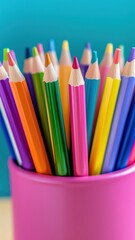 Fototapeta premium Colorful pencil collection in a vibrant container indoor setting still life artistic viewpoint creativity concept
