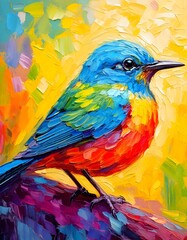 Fototapeta premium Oil painted Sparrow on a branch. Paint Brush Art. Colorful bird Art