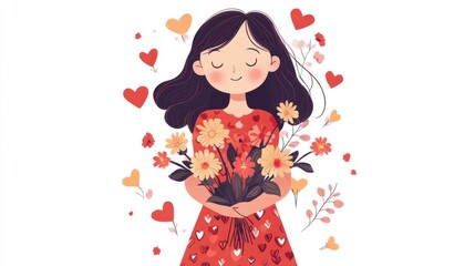 A cartoon girl wearing a heart-patterned dress and holding a bouquet of flowers, perfect for Valentine Day themes, on white