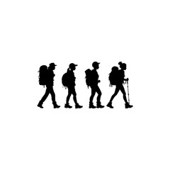 Set of silhouette of walking woman with backpack, hiking, trekking - vector illustration, 