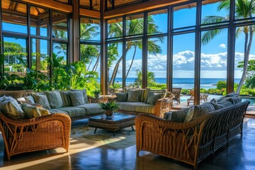 Fototapeta premium A resort lounge with tropical accents, open seating, and large glass windows showcasing a serene ocean view