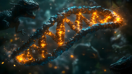 Fiery DNA helix amidst prehistoric chaos