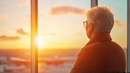 Golden Sunset Reflection: An Elderly Woman Gazes at a Breathtaking Sunset