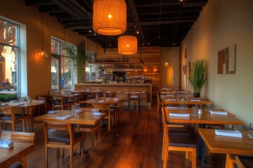 Obraz premium A restaurant with minimalist decor, warm wooden tables, and ambient lighting creating a cozy yet modern atmosphere