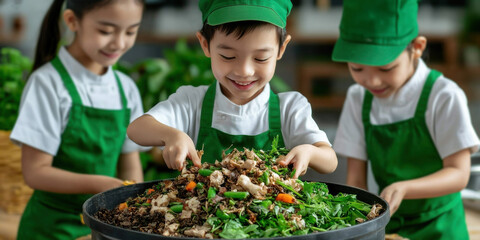 Sustainable Living Organic composting concept, Two children in green aprons engage in composting, joyfully mixing organic waste in a large container amidst a lush, green backdrop.