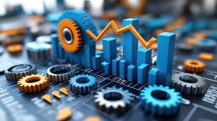 3D rendering of gears and bar graph illustrating business growth and mechanism.