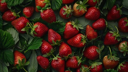 Directly above view of fresh red strawberries. All strawberries are clean with green leaves background