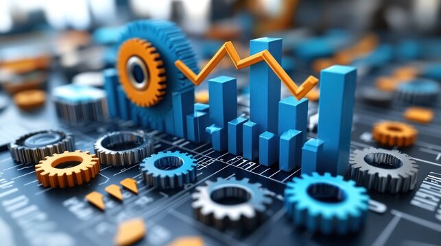 3D rendering of gears and bar graph illustrating business growth and mechanism.