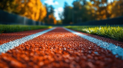 running track with white lines in stadium sport background close up photo