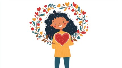 A happy cartoon girl holding a glittery heart wreath with festive details, perfect for Valentine themes, on white