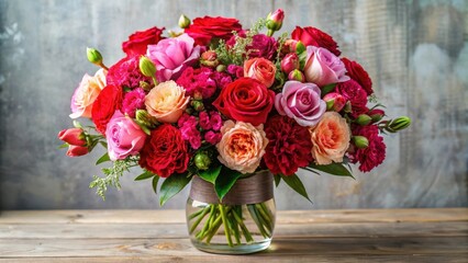 A bouquet of colorful flowers with a mix of red and pink roses and carnations placed in a elegant vase , bouquet