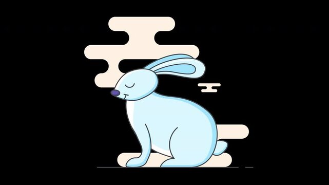 A blue cartoon rabbit sitting peacefully on a minimalistic background.