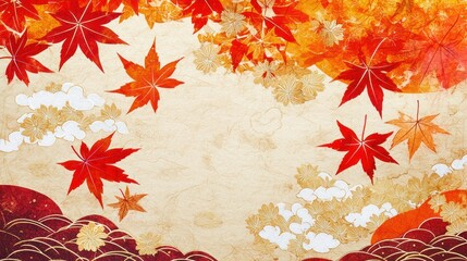 A festive year-end card with vibrant red and orange leaves, combined with golden hemp leaf motifs and subtle cloud patterns on Japanese paper.