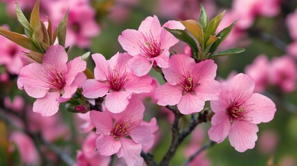 Fototapeta premium A close-up of several pink flowers with many petals. The flowers are slightly overlapping and have a blurred, soft look.