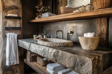 A rustic bathroom with a stone sink, wooden shelving, and soft, earthy accents