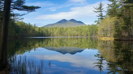 Fototapeta premium A landscape image displays a mountain reflected in a lake, framed by trees.