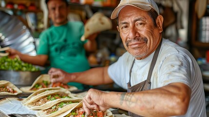 A middle-aged Hispanic man prepares delicious tacos with fresh ingredients in a vibrant street food setting, showcasing culinary expertise and passion.