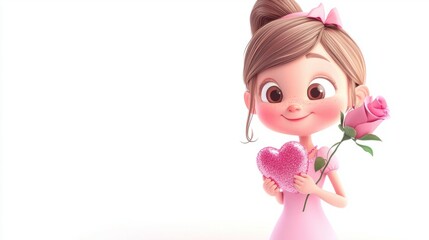 A sweet cartoon girl dressed in pink, holding a rose and a glittery heart gift, isolated on a clean white background