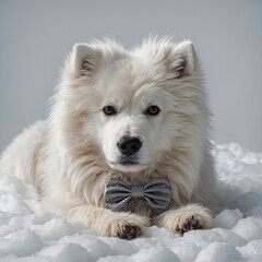 Obraz premium A fluffy Arctic dog lying in a playful bow, white background.