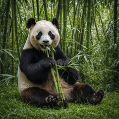 Obraz premium A panda chewing bamboo amidst a lush green bamboo forest.