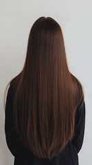 Naklejka premium Beautiful model girl with Brown hair strand,silky healthy chestnut wavy hair strand,hair wavy ribbon, with smooth,Keratin straightening,Treatment,straight long hair,procedures,Smooth hairstyle.