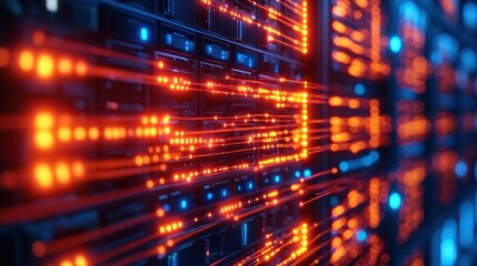 Data streams flowing through a server rack.