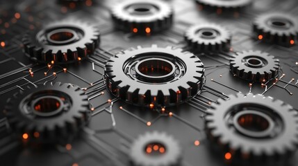 Metallic gears on circuit board.