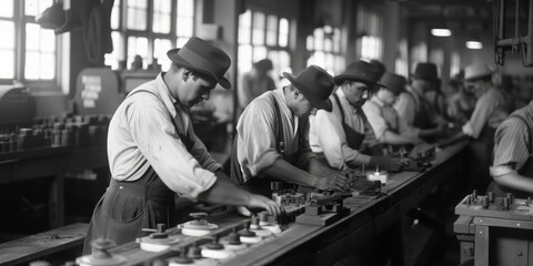 old factory, manufacture early days. scenes of early mass manufacturing and production. Skilled Manufacturing Labor.