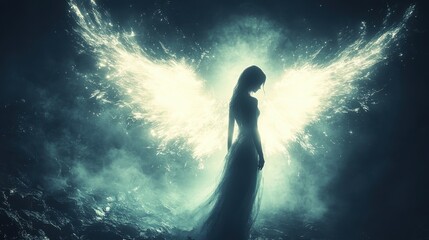 Fototapeta premium silhouette of a bright angel with wings in the dark