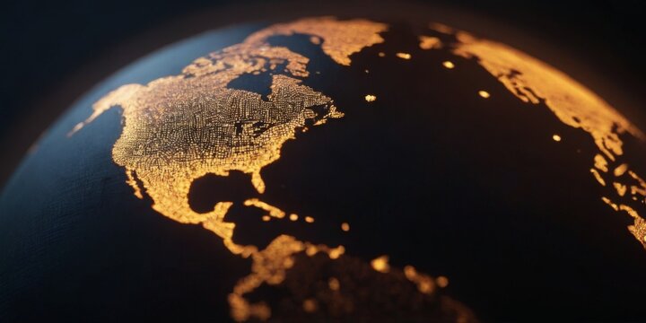 Futuristic closeup globe with network pattern on dark background, continents outlined in orange and yellow.