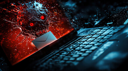 Graphic visual depiction of an infected email campaign showing a deceptive fake email containing a harmful malicious attachment being opened by an unsuspecting user