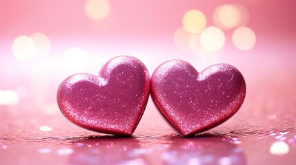 Obraz premium Valentines day festive background with two hearts In Shiny multicolor Background Valentine's Day glitter background