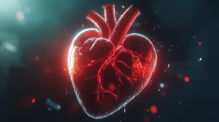 Glowing red human heart with visible vessels, arteries and veins, 3D rendering.
