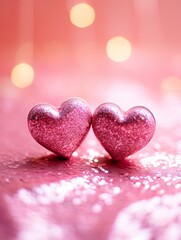 Obraz premium Valentines day festive background with two hearts In Shiny Background Valentine's Day glitter background