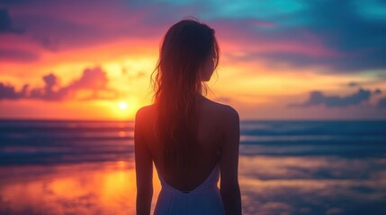 Fototapeta premium silhouette of a woman on the beach staring at the dreamy colorful sky