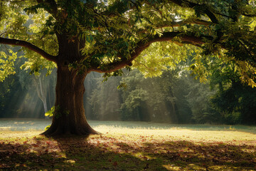 Fototapeta premium Massive oak tree bathed in golden sunlight in a peaceful park setting