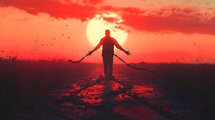 Individual with Outstretched Arms Silhouetted Against a Fiery Sunset, Symbolizing Freedom and Liberation from Chains in an Open Landscape