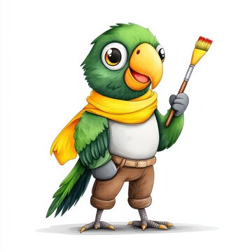 Cute cartoon parrot character holding paintbrush and wearing scarf