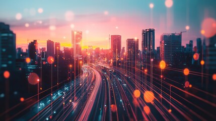 Obraz premium Vibrant Cityscape at Sunset: A Symphony of Light and Technology