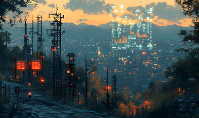 Obraz premium Sunset city train tracks, digital overlay, mountain backdrop