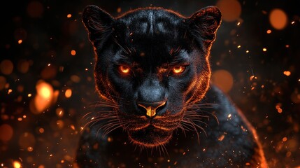 Fiery-eyed black panther amidst embers.