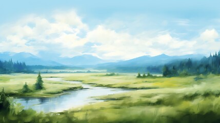 Obraz premium Serene River Landscape With Mountain Background
