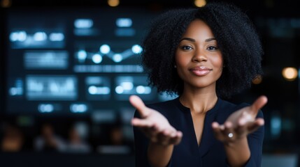 Obraz premium A woman with curly hair is smiling and holding her hands out in front of her