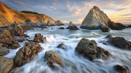Fototapeta premium Dramatic sunset over coastal rocks and ocean waves.