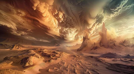 Gardinen a otherworldly desert landscape with swirling sandstorms and alien formations, white space in the center of the page for text, bold and dynamic hues against a dark background © Taina