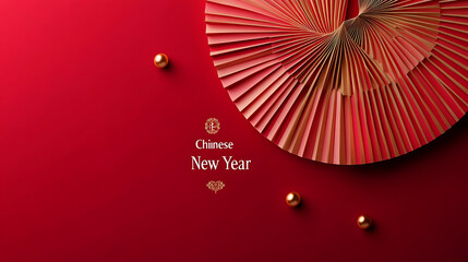 Festive Red and Gold Chinese New Year Background with Paper Fans and Ornaments, A vibrant red background perfect for Chinese New Year celebrations.