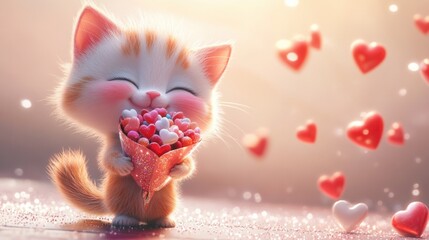 A cheerful cartoon kitten hugging a Valentine candy bouquet, surrounded by tiny sparkles, on white